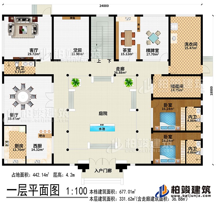 一层：入户门廊、水池、影壁、庭院、走廊、西厨、厨房、餐厅、吧台、客厅、堂屋、神龛、茶室、棋牌室、洗衣间、储藏间、2卧室、3内卫